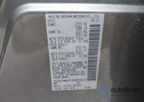 2015 Nissan Pathfinder Sl z USA, uszkodzony, nr VIN 5N1AR2MMXFC680933